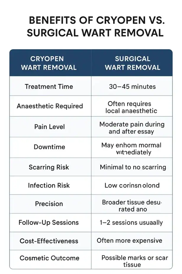 Table showing the benefits of cryopen to remove warts Clifton compared to surgical treatment